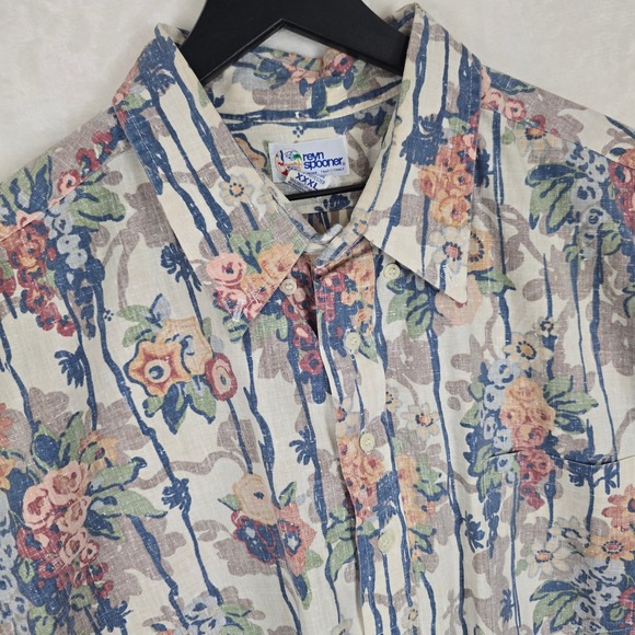 reyn spooner Other - Reyn Spooner 3XL Hawaiian Shirt Floral Stripe Cotton Blend Blue Tan Vintage XXXL